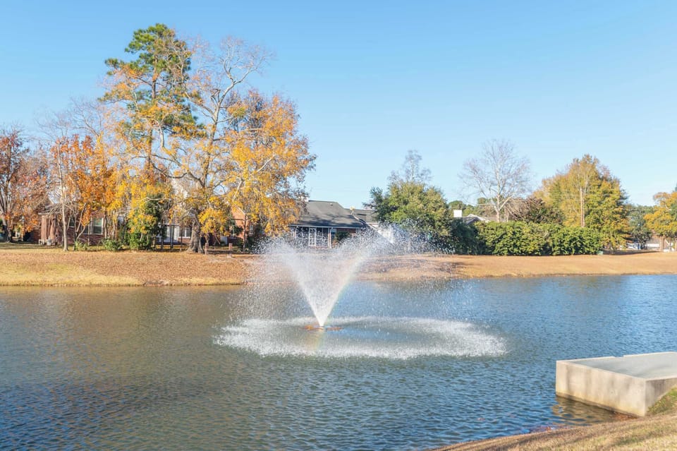 Scenic neighborhood pond with fountain, ideal for relaxing strolls and fresh air.