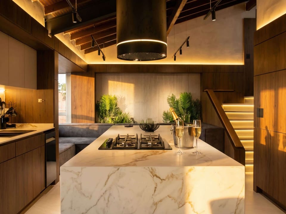 Kitchen: Modern elegance shines with marble countertops and lush greenery, perfect for culinary adventures!