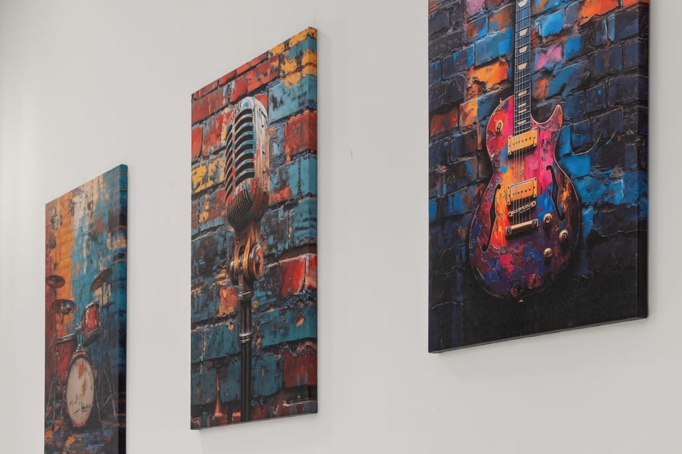 Bold music-inspired wall art adds a vibrant, modern vibe to the space