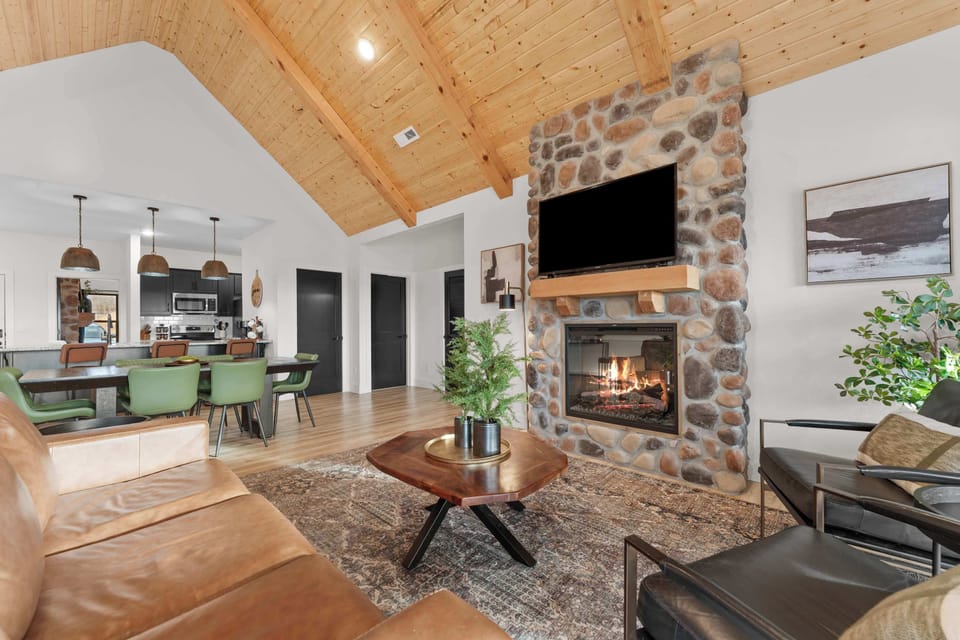 The stone fireplace makes the cabin feel more cozy!