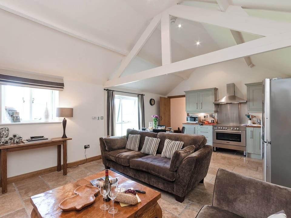 Open plan living space lounge area with wood burner | Barn Owl Lodge - Millfields Farm, near Carsington