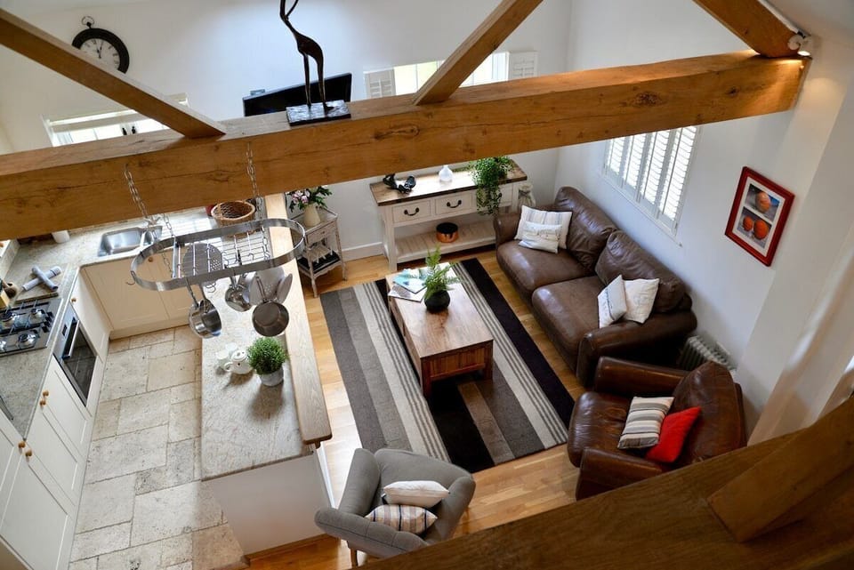 An aerial view of the open plan living space at Chichester Cottage @ Graingers.  An older picture