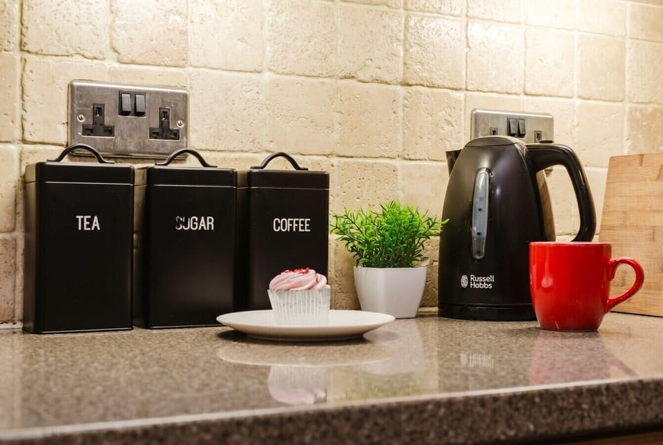 Tea, sugar and coffee always stocked for that first morning cuppa