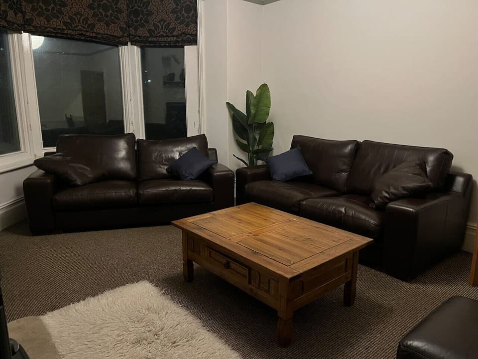 A further view of the front lounge shows both leather sofas, the wooden coffee table, and the wood-burning stove alongside a tall houseplant.