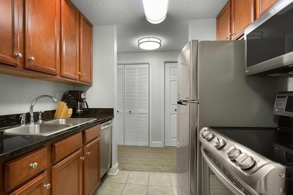 Cook easy breakfasts with stainless appliances and ample counterspace.