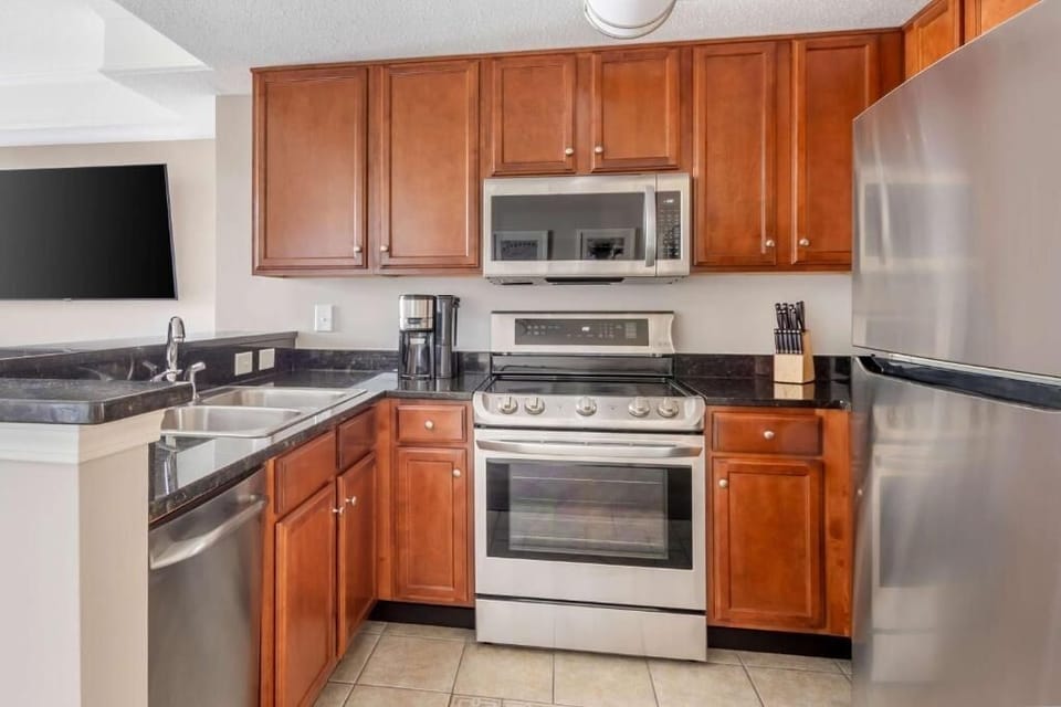 Prepare family favorites with a full stove, microwave, and fridge.