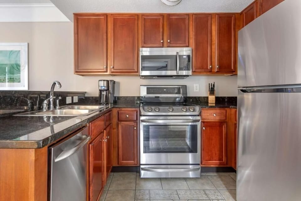 Cook easy meals in a fully equipped, stainless kitchen.