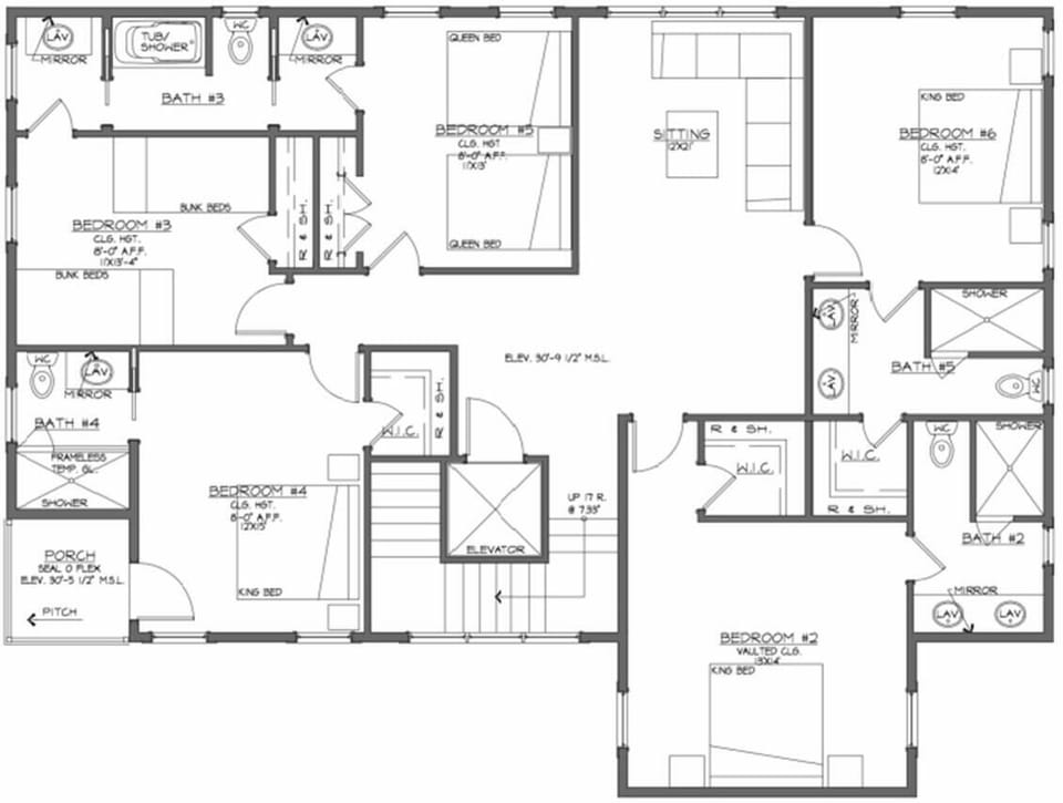 Guest suites, bunk room and 2nd  living area with vaulted ceilings.