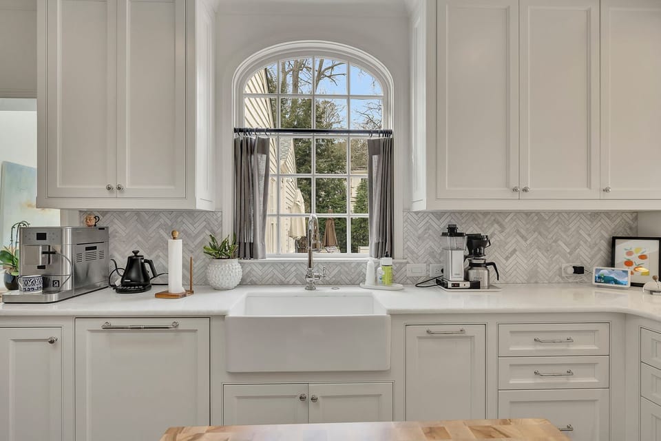 Farmhouse sink with window overlooking the yard - Esspresso / cappachino maker, Drip Coffee, Tea kettle