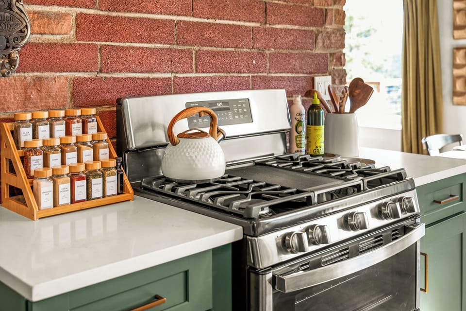 Cooking is enjoyable on the gas range with a double oven option.  Spices are provided for your chef's dishes. 