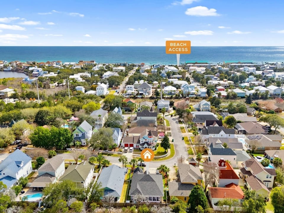 5 minute walk to the beach or a 1 minute golf cart ride 