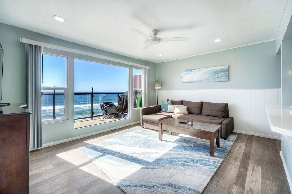 Bright living room with panoramic ocean views