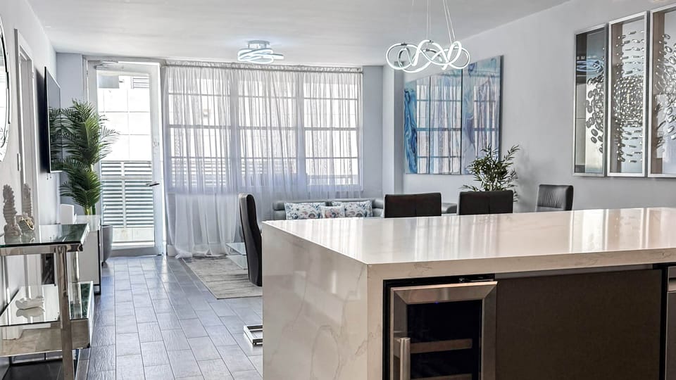 Kitchen, dining room and living room