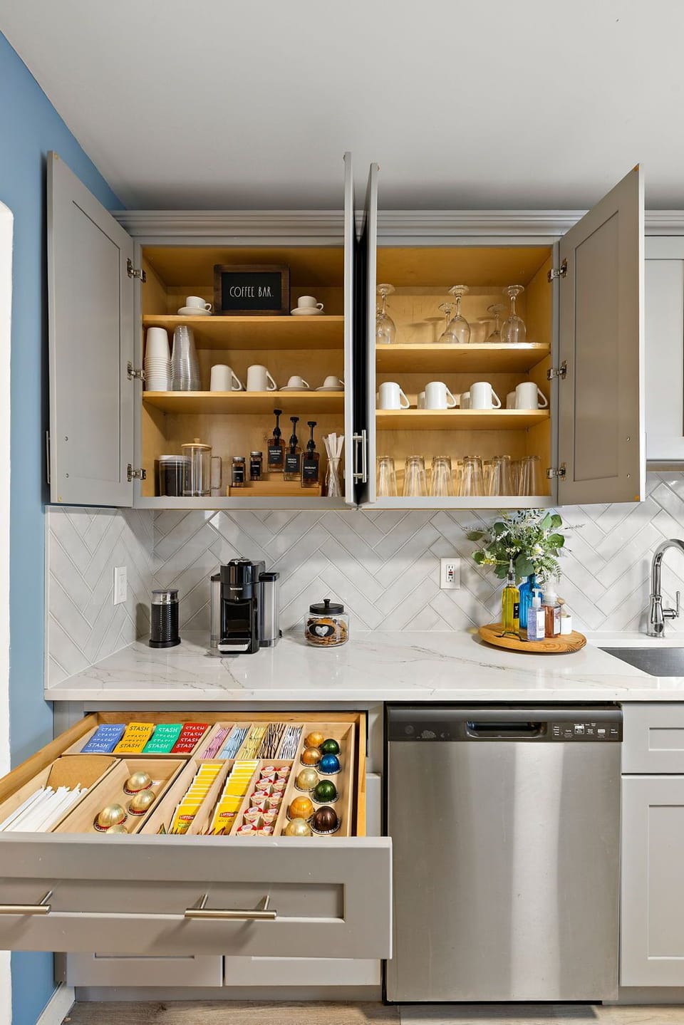Your personal coffee bar —Nespresso, milk frother, syrups, teas, and more. Morning handled.