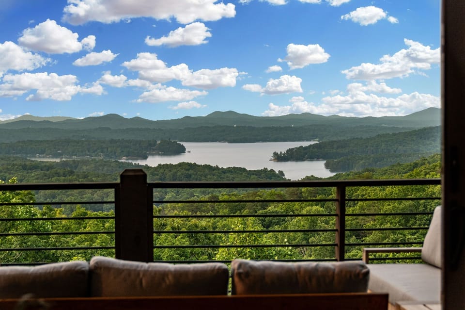 This terrace offers panoramic mountain and lake views at sunrise and sunset.