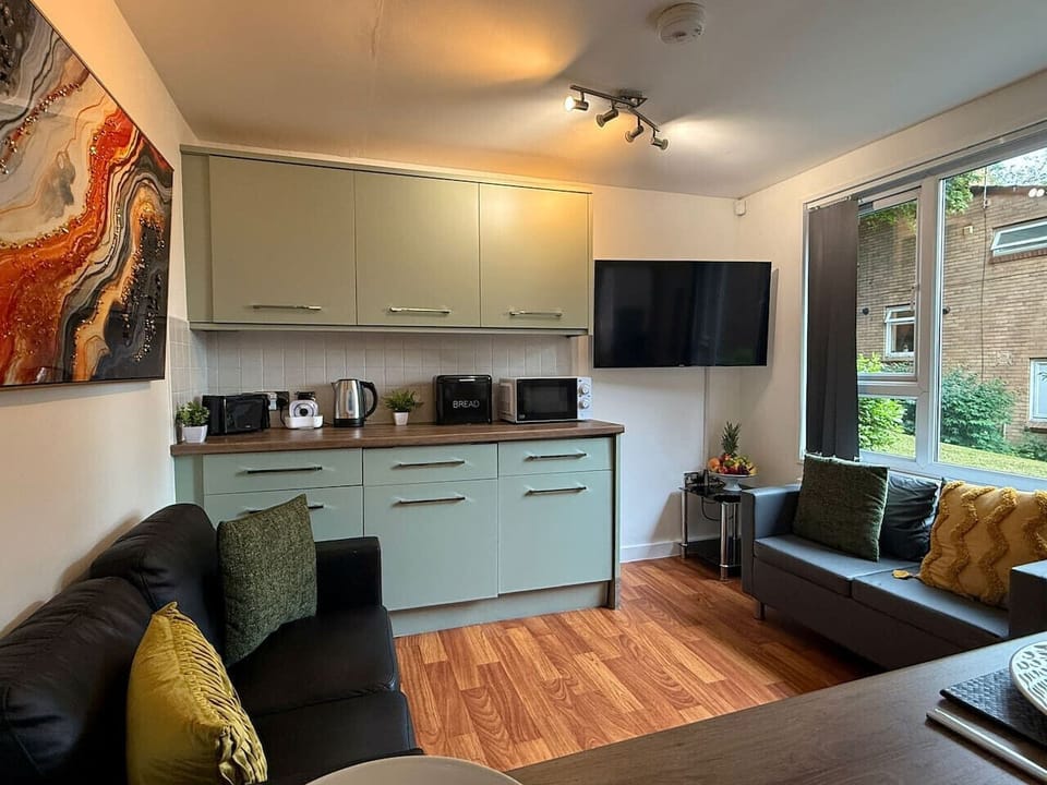 The open-plan kitchen and lounge can be used together, with fitted green units at one end and a sofa and wall-mounted TV at the other.