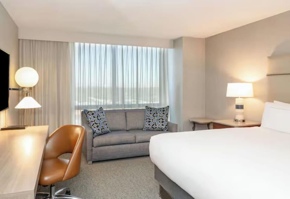 Settle into a spacious room with bed and lounge seating.