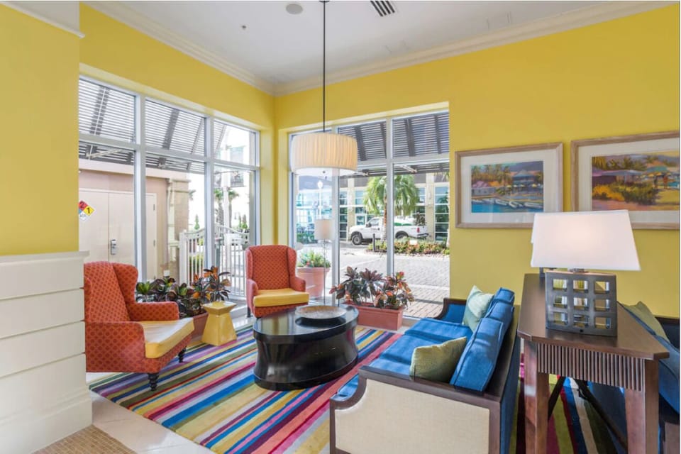 Unwind on colorful seating and feel instantly on vacation.