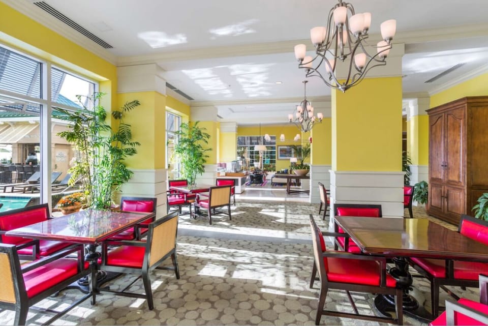 Savor sunny bites in a bright, palm-framed dining space.