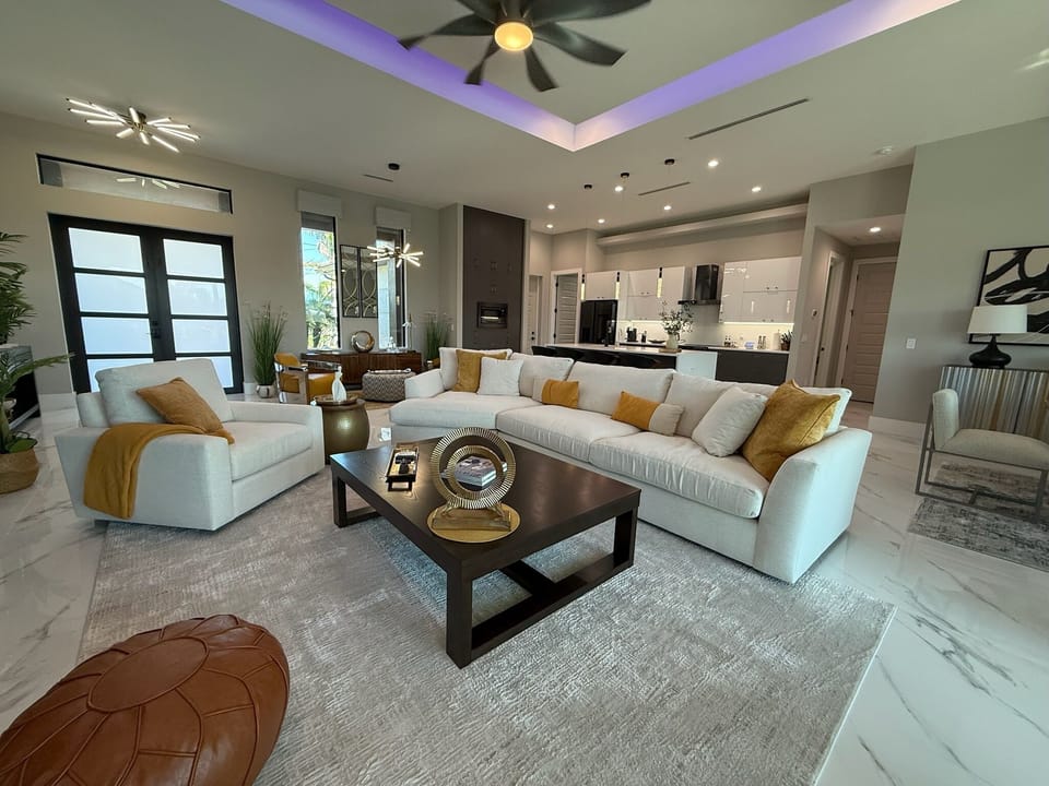 Large, comfortable seating area in front of TV. 