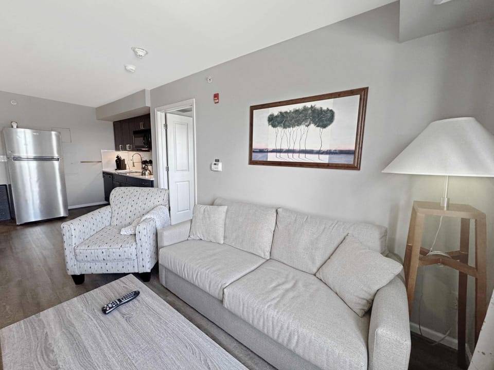 Cozy living room with modern kitchen and stainless steel appliances