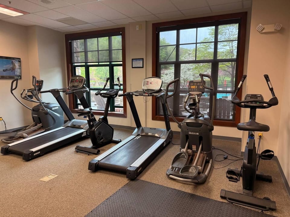 Well-equipped fitness room with scenic window views