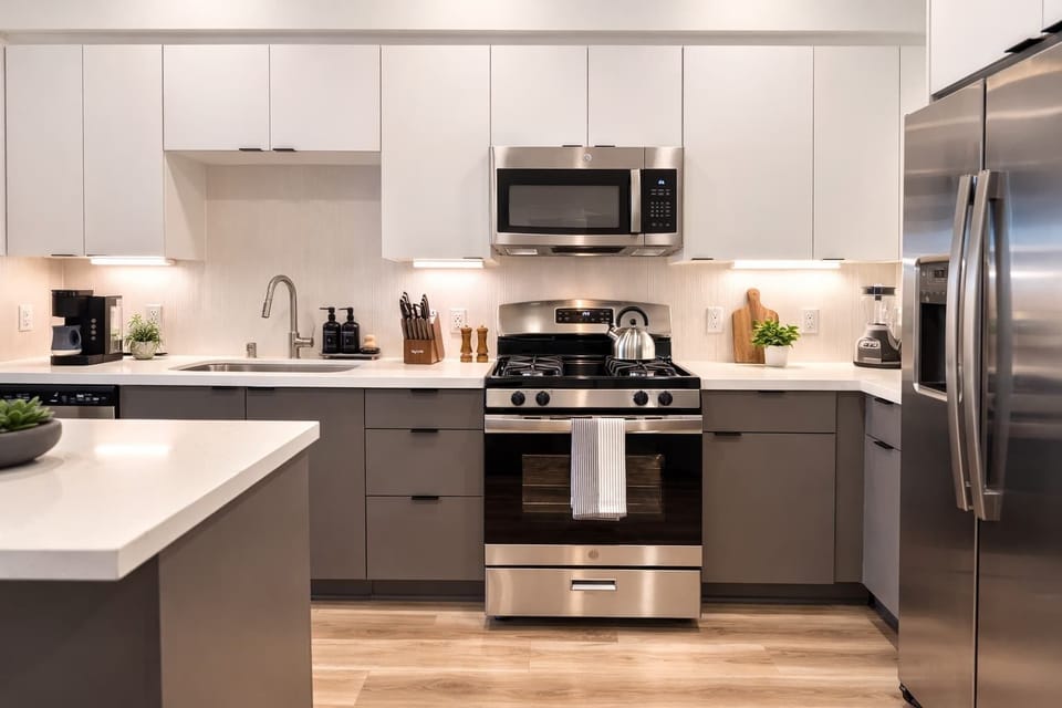 Experience extended comfort with a fully equipped kitchen featuring a coffee machine, stovetop, and microwave—everything you need for a seamless long-term stay