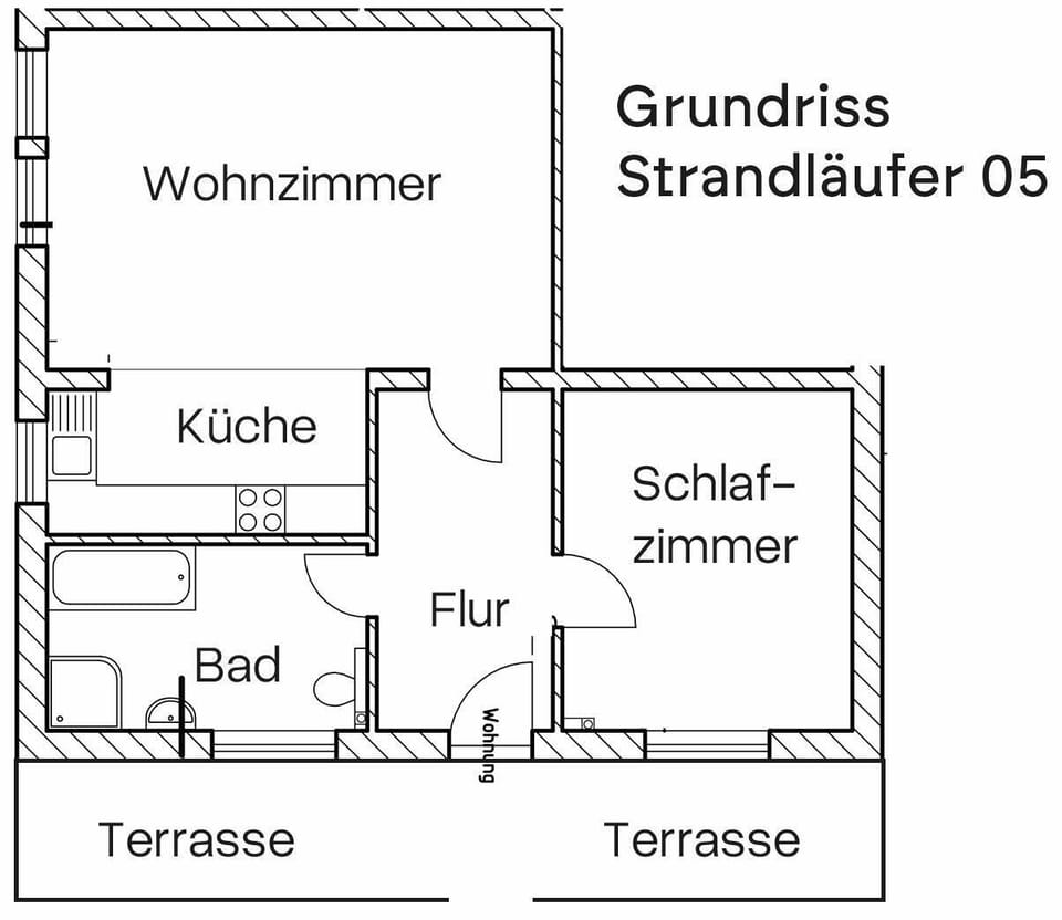 Floor plan with living area and two terraces