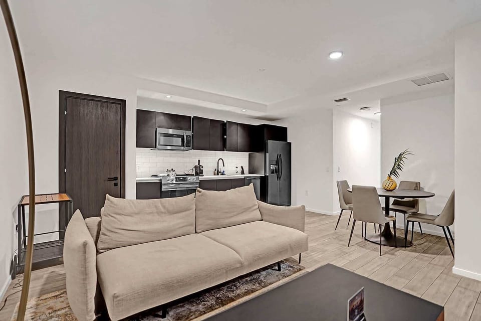 Open-plan living, dining, and kitchen area