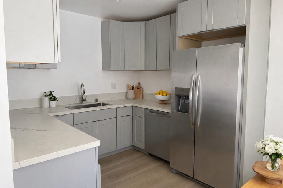 kitchen with new quartz counter top, brand new stainless steel appliances.