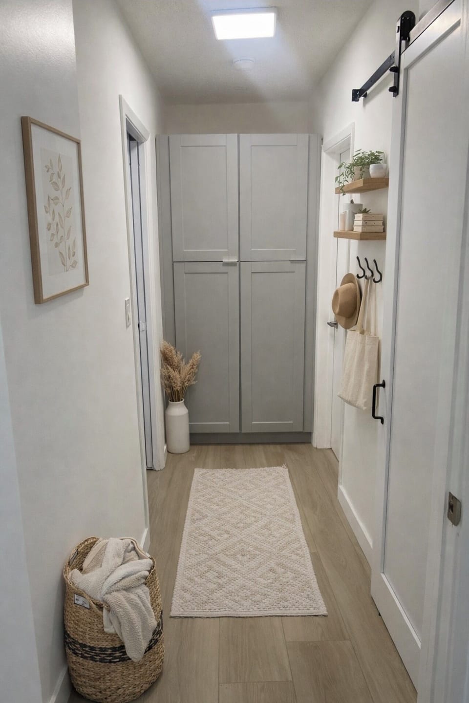 Hallway with washer and dryer inside the unit
