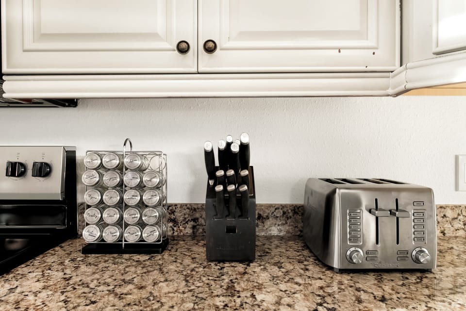 Stocked counters with essentials for an easy stay.