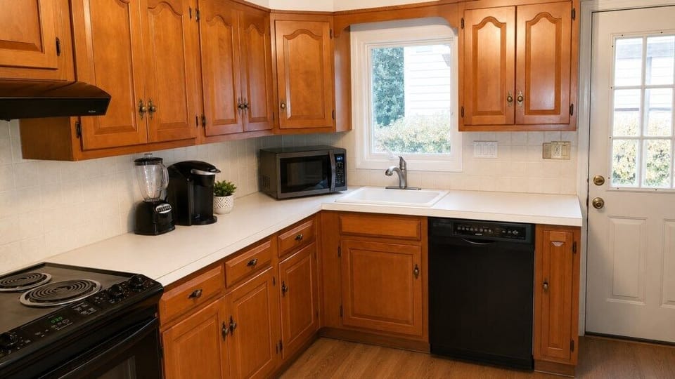 Fully equipped kitchen with electric range, generous cabinetry and coffee station.