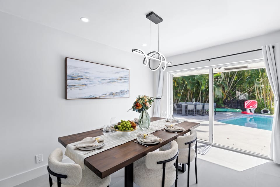 Dining area with pool views.