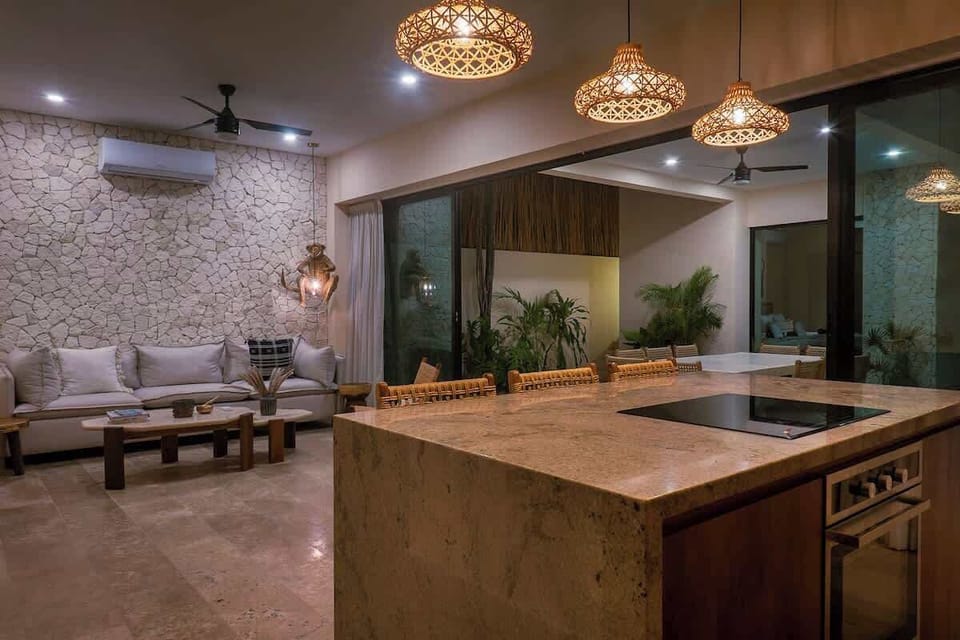 Fantastic island with three seats, connected in a single space with the living area.