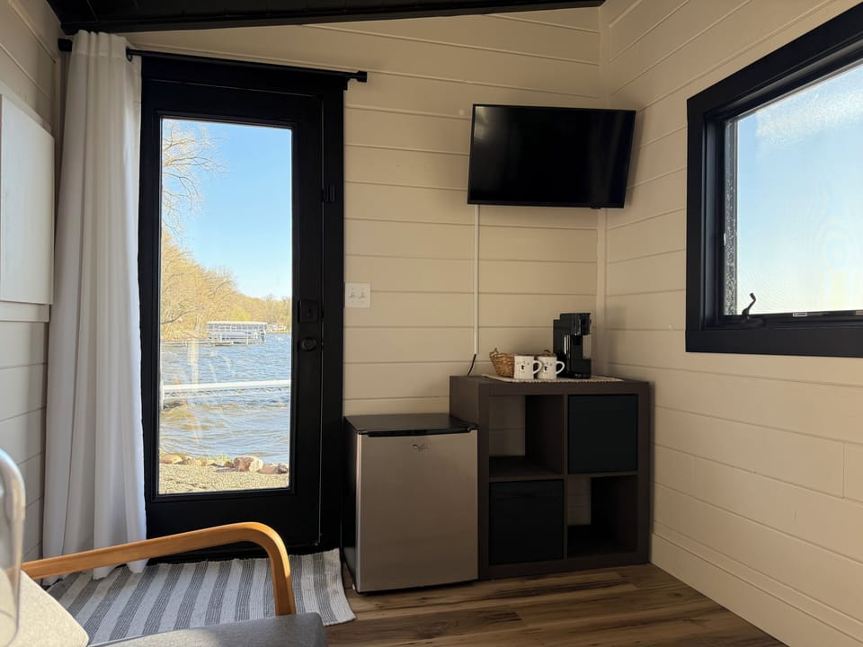 Bunkhouse interior. AC, Fridge, Smart TV and Keurig.
