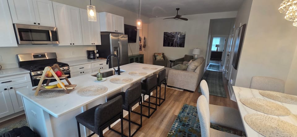 Upstairs kitchen, dining and living area