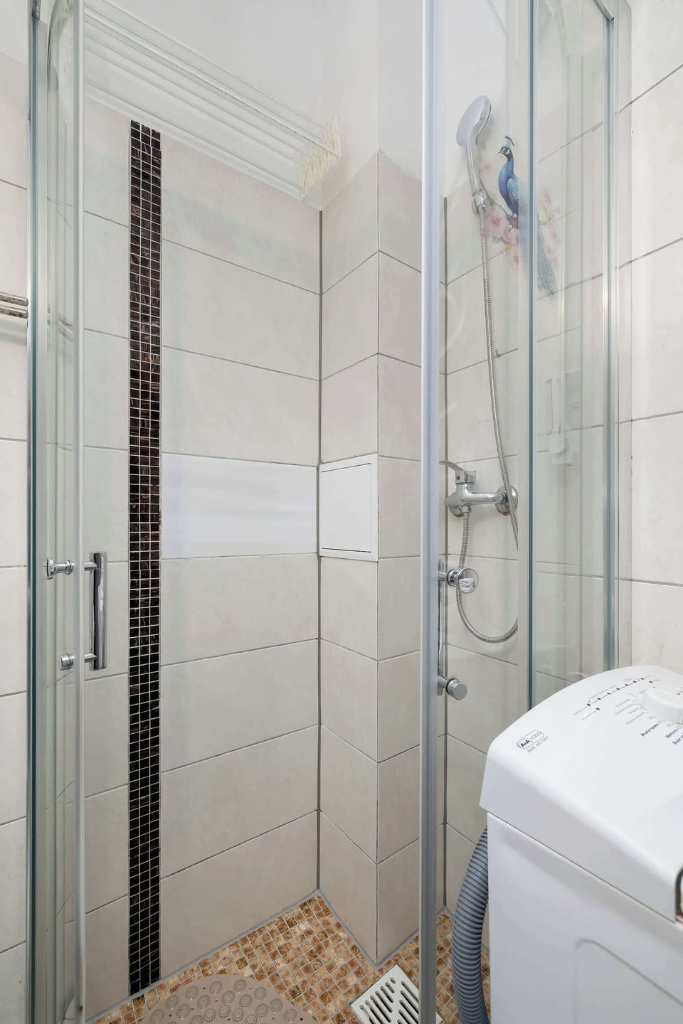 A detail shot focuses on the white washing machine partially tucked next to a framed shower stall with a glass panel and metal trim. The scene highlights the functional arrangement of appliances in a small bathroom.