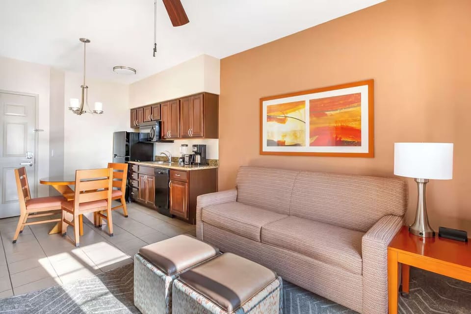 Gather for snacks and movies in this sunny suite.