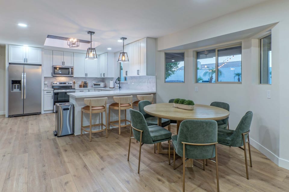 Kitchen is completely stocked for prepping and serving home cooked meals.