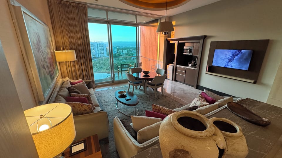 Comfortable living space with kitchenette and dining area