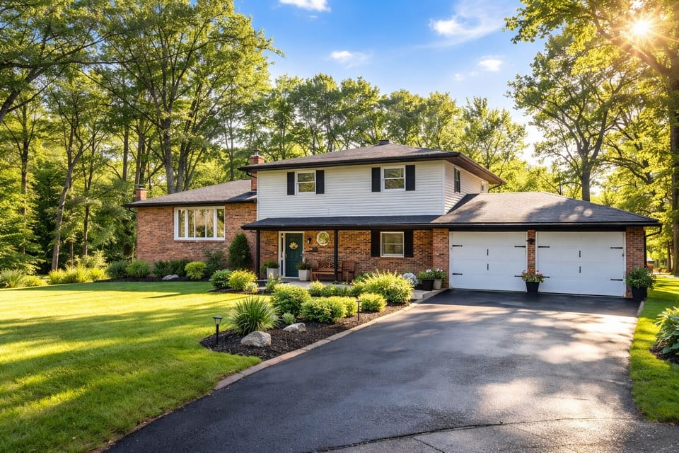 Charming home exterior with driveway and peaceful wooded setting