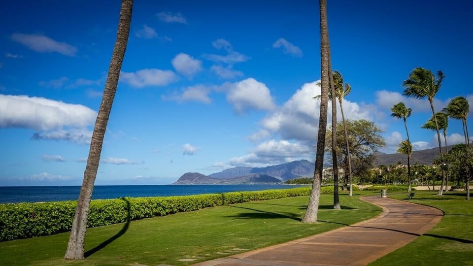Pristine oceanfront grounds with swaying palms frame dramatic mountain views across crystal blue waters.