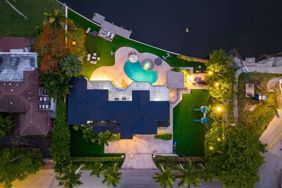 An aerial view of the estate’s stunning illumination and private pool.