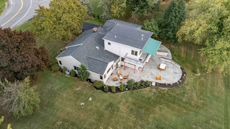 Overhead view of the home and patio
