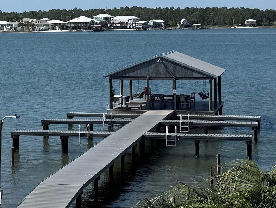 Covered fishing pier & docks on Little Lagoon — slips are first-come, first-served