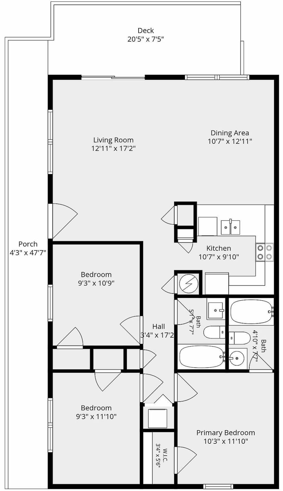 3-bedroom layout with open living space, porch, and large deck