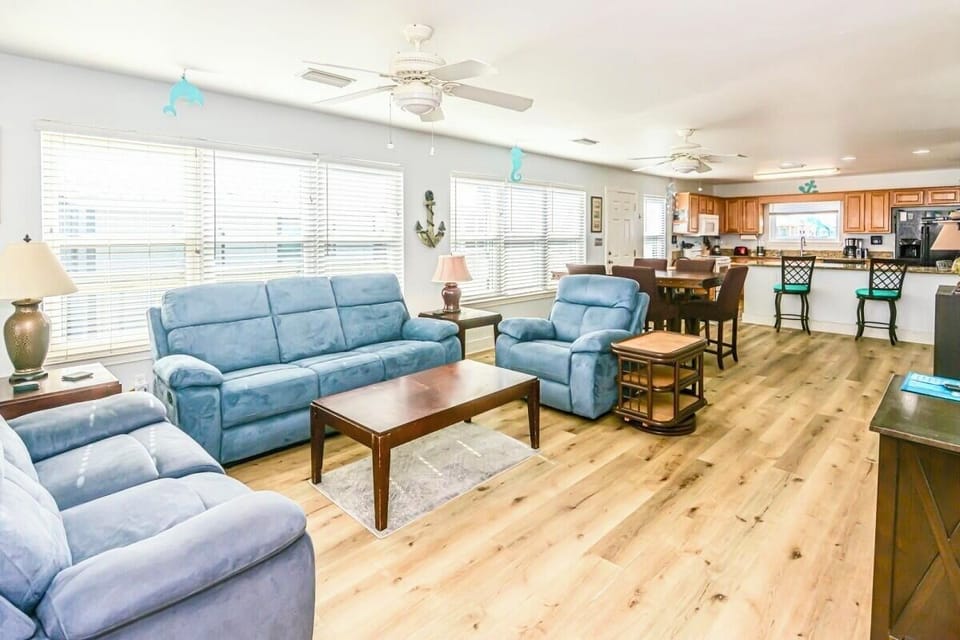 A bright and cozy living space perfect for gathering after a day at the beach