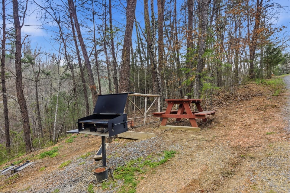 Fire up the charcoal grill and eat at the picnic table at the edge of the woods.