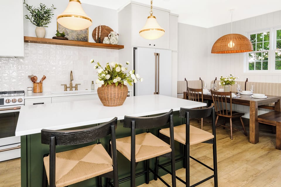Open-concept kitchen and dining area designed for easy, comfortable stays in Bloomington, Indiana.